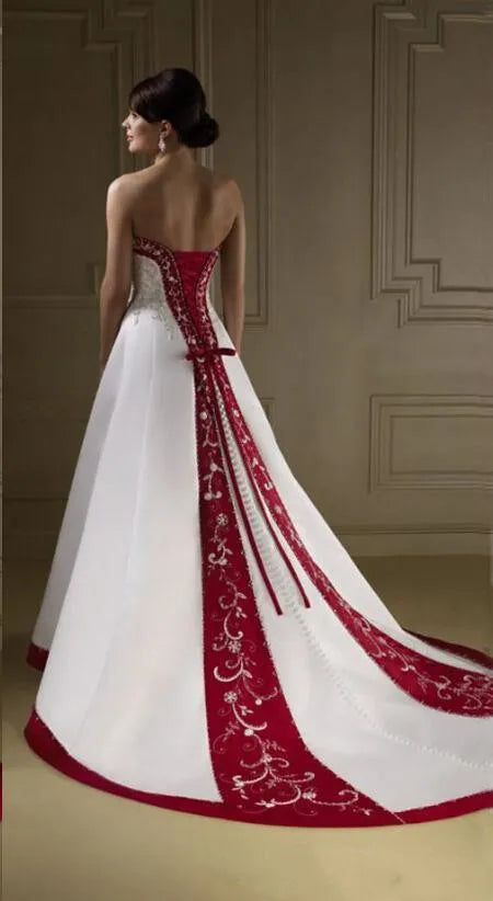 Robes de mariée en satin rouge et blanc brodées sur mesure, rétro, bustier, laçage, traîne de cour, robes de mariée champêtres, vestidos