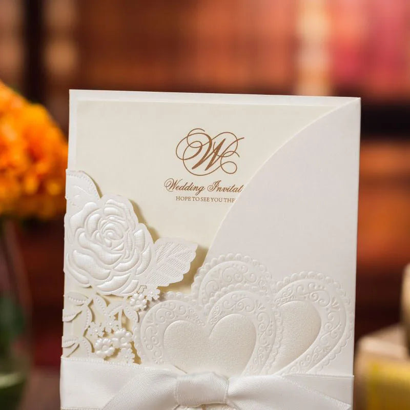 5/10 Pièces Cartes d'Invitation de Mariage Découpées au Laser Cœur d'Amour Personnalisées Cartes de Vœux avec Ruban Fournitures de Fête de Mariage ou de Douche Nuptiale