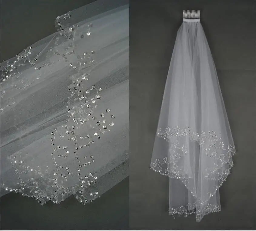Voiles de mariée court voile de mariée 2 couches fait main perles de cristal longueur coude accessoires de mariée voile blanc ivoire