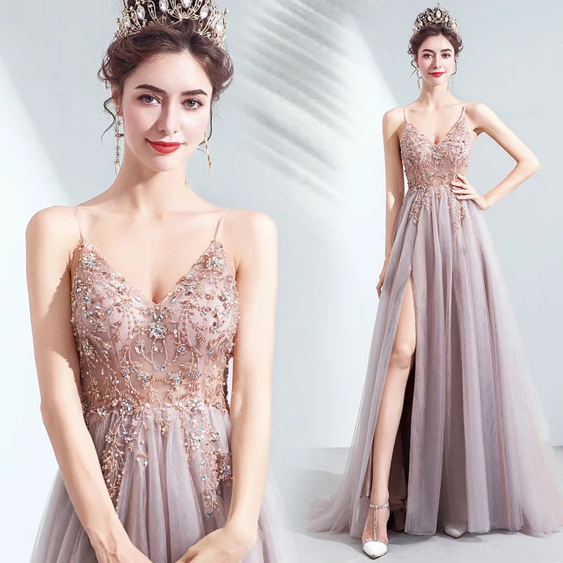 Robe de soirée de mariée rose à fente haute, nouveau style été 2026, coupe Empire, antistatique, pour défilés et dîners de galas annuels