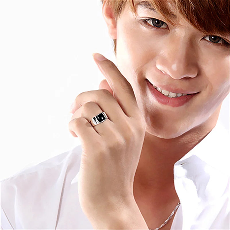 Male Ring For Bridegroom Wedding Accessories On Finger Trendy Silver 925 Ring For Men Jewelry Cool Crystal Black Square Bijou