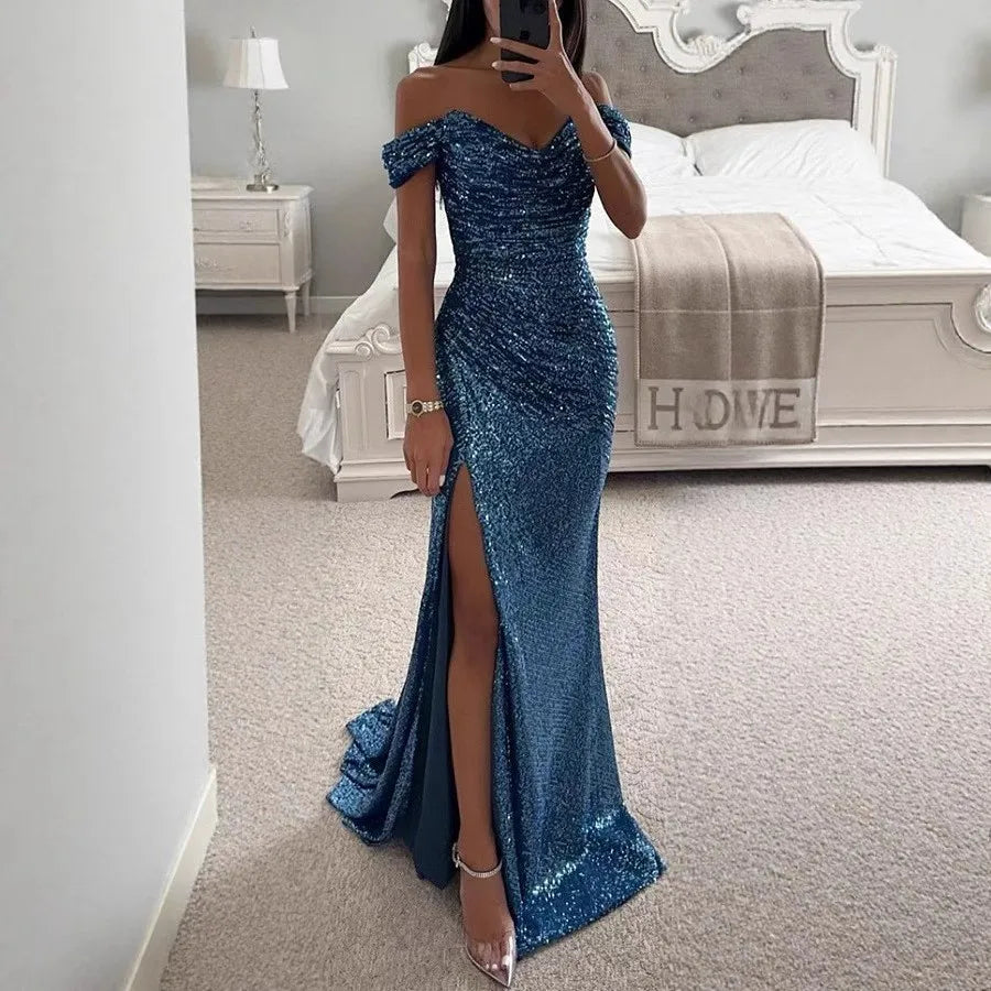 Robe de soirée élégante d'été pour femmes, robe de soirée sexy à col unique, paillettes, respirante, longue, fendue, nouvelle couleur unie