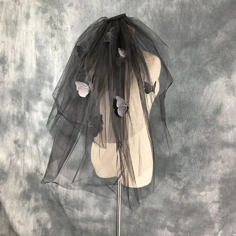 Voile noir gothique pour Halloween, photos de mariée, défilé nuptial, papillon rétro, décoration de fête, accessoires pour cheveux