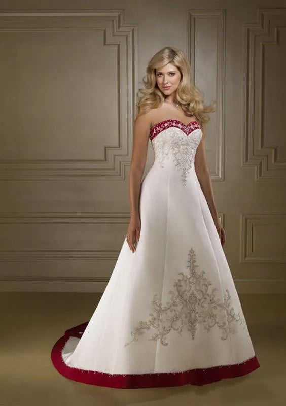 Robes de mariée en satin rouge et blanc brodées sur mesure, rétro, bustier, laçage, traîne de cour, robes de mariée champêtres, vestidos