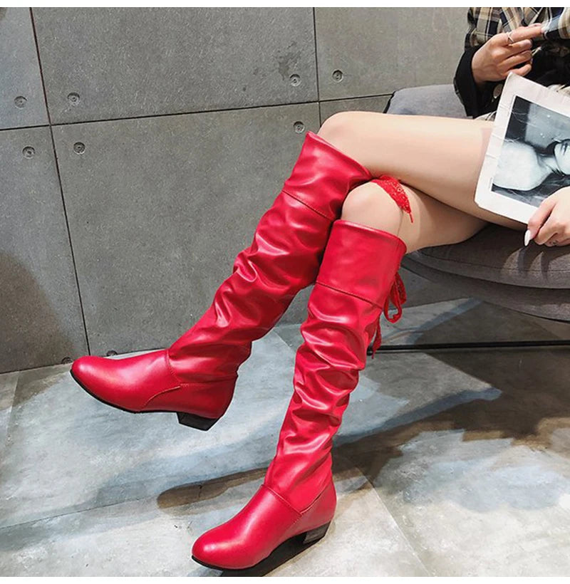 Chaussures Femme 2022 Printemps Bottes Hautes au Genou Rouge Noir Blanc Bottes Hautes Femme Plissées Talon Bas Décontracté Cuir Chaussures Longues Femme