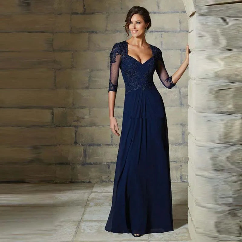 Superbes Robes Mères en Dentelle Champagne 2024 Robes de Mère de la Mariée Cœur Avec Manches 3/4 Robes de Soirée de Mariage Dos Nu