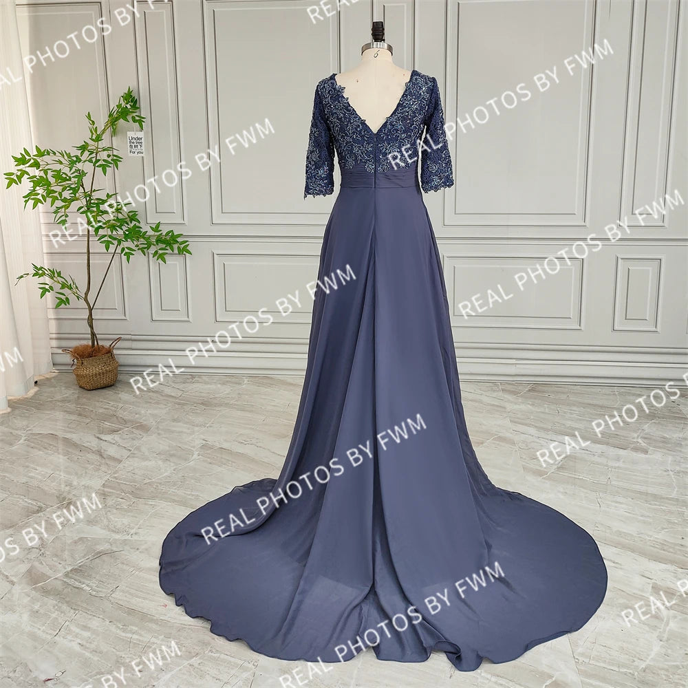 Photos réelles Robe de mariée en mousseline de haute qualité pour mère de la mariée, élégante, pour femme, demi-manches, perles, dentelle, robe de soirée