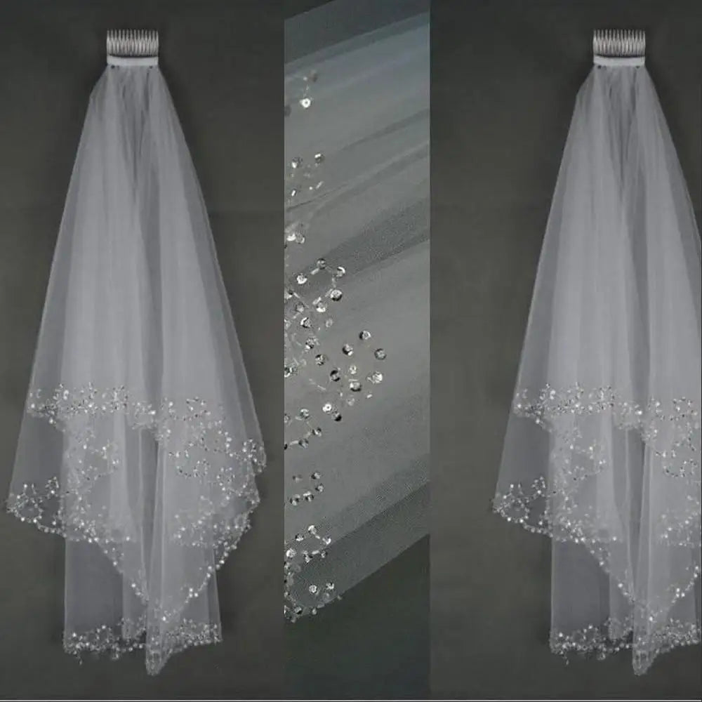 Voiles de mariée court voile de mariée 2 couches fait main perles de cristal longueur coude accessoires de mariée voile blanc ivoire
