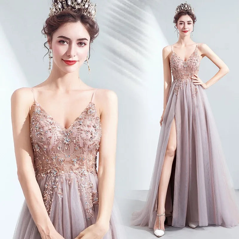 Robe de soirée de mariée rose à fente haute, nouveau style été 2026, coupe Empire, antistatique, pour défilés et dîners de galas annuels