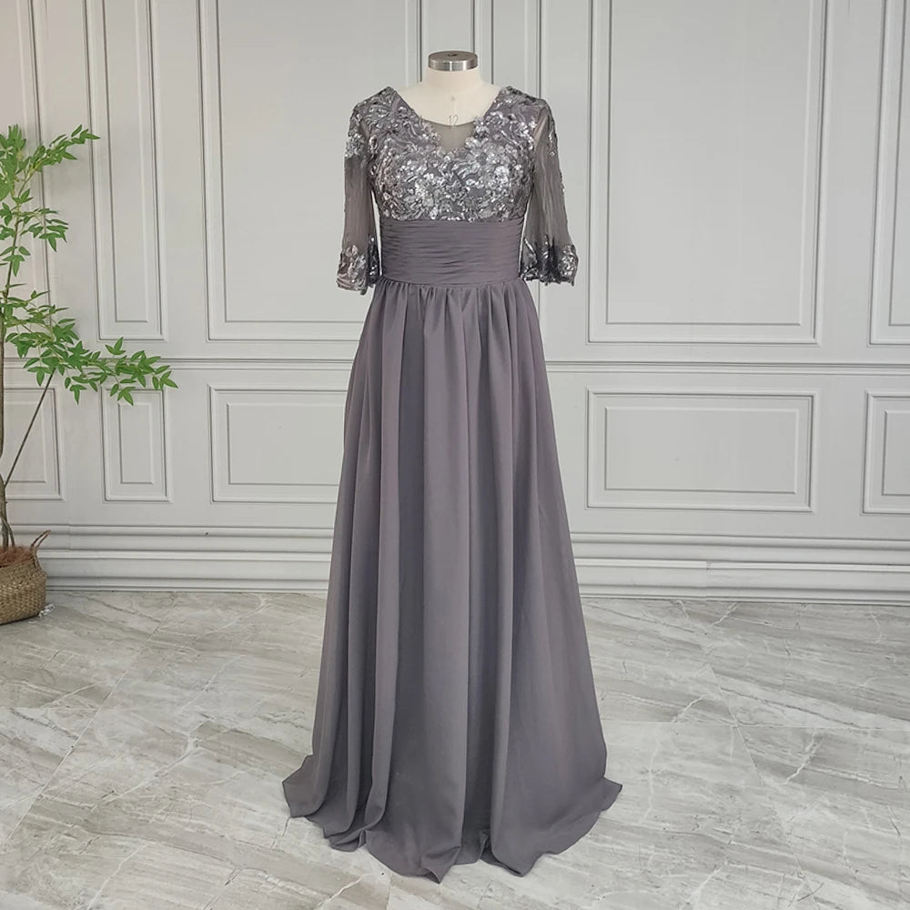Vraies Photos Robe Longue en Mousseline de Soie de Haute Qualité pour la Mère de la Mariée Élégante Femme Pailletée Manches Mi-longues Robe de Soirée