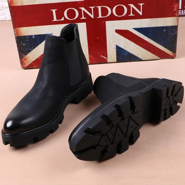 chaussures montantes en cuir véritable pour hommes, bottes Chelsea décontractées, chaussures habillées de bureau, bottes noires à plateforme, botas hombre, chaussure