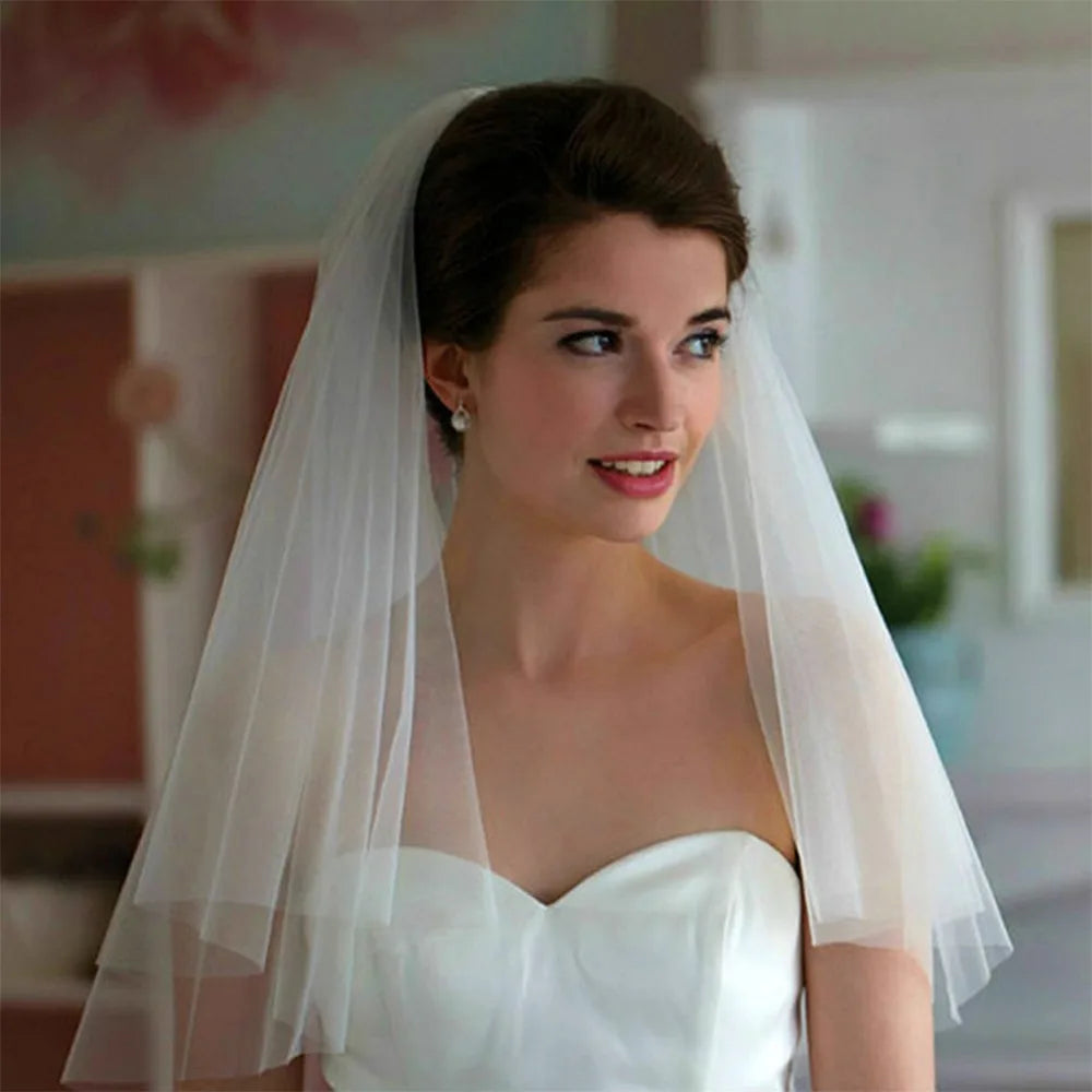 Voile de mariée tendance simple en tulle blanc ivoire, deux couches, voile de mariée pas cher, accessoires de mariée 75 cm, voiles courts pour femmes avec peigne