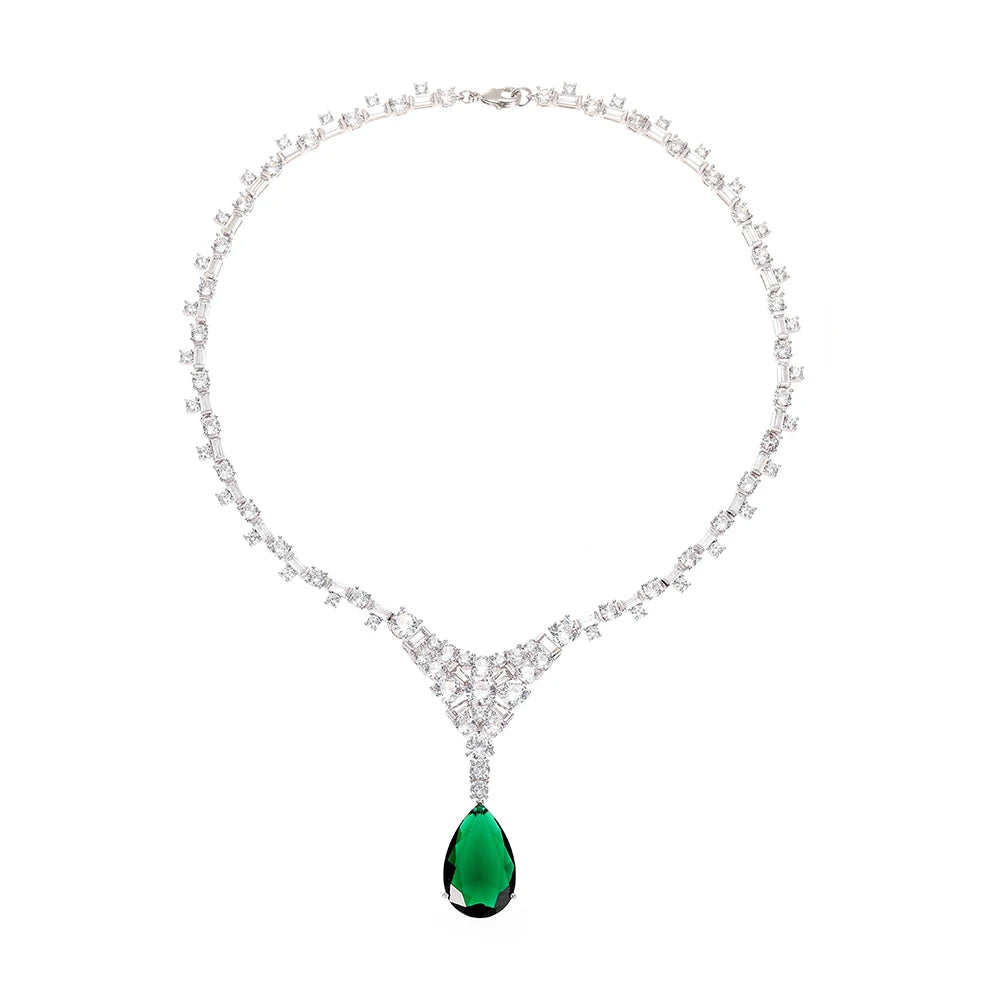Collier Pendentif Luxe Émeraude Zircon — Bijoux de Soirée de Mariée en Platine