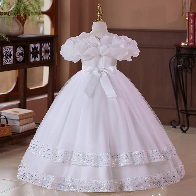 2026 Nouvelle robe de princesse de mariage blanche pour enfants, robe de soirée pour fille, costume de performance de piano, petite robe en dentelle bouffante en tulle à volants pour petites filles