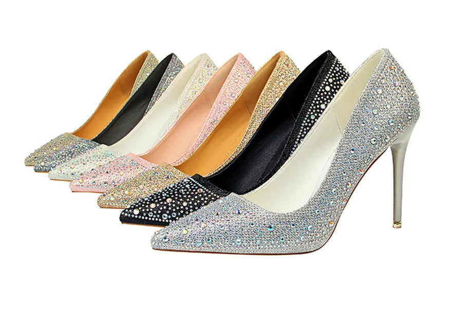 BIGTREE Chaussures Escarpins à talons hauts 7/10cm Strass Femme Noir Rose Mode Bout Pointu Cristal Mariage Chaussures de fête pour femme Automne