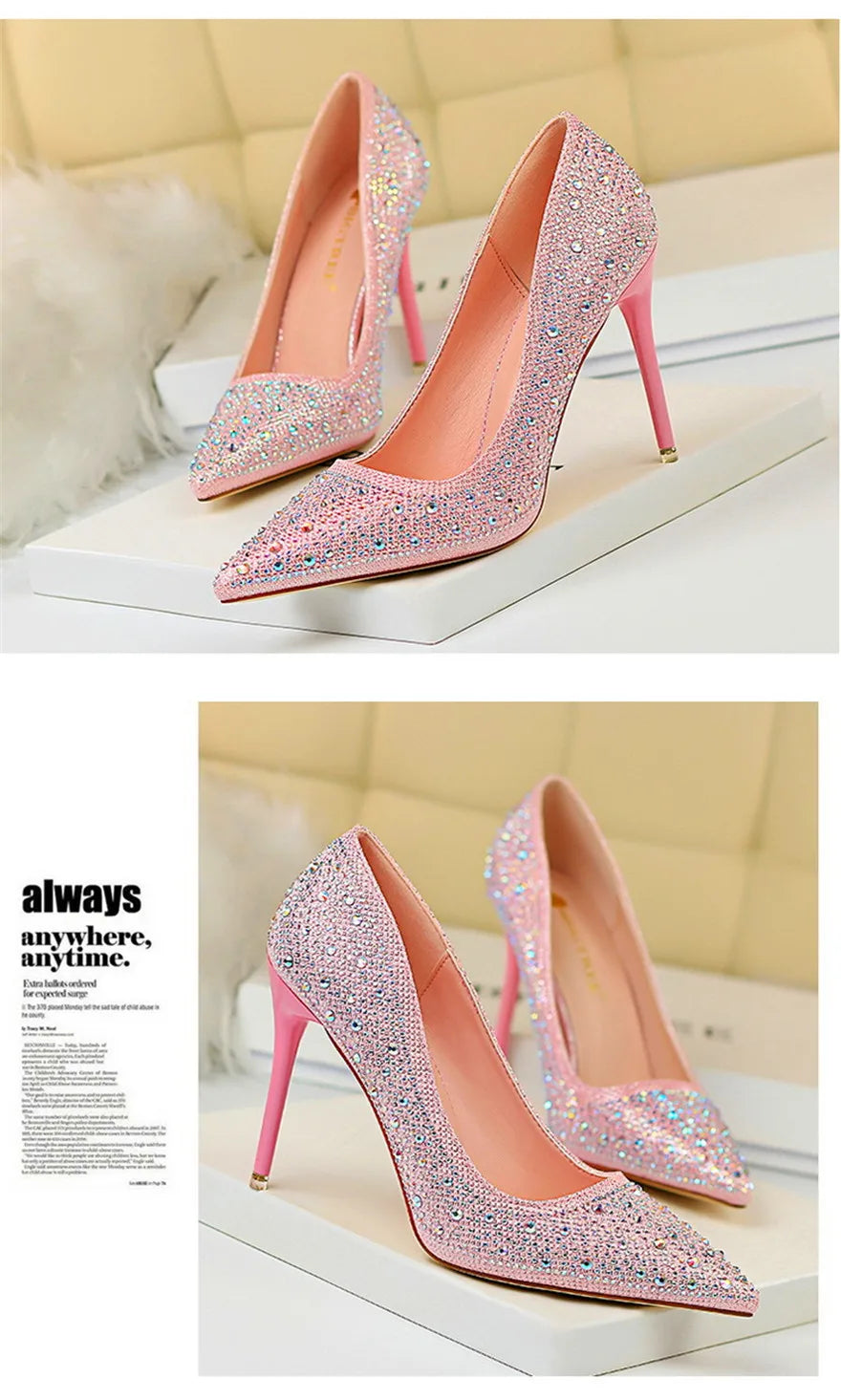 BIGTREE Chaussures Escarpins à talons hauts 7/10cm Strass Femme Noir Rose Mode Bout Pointu Cristal Mariage Chaussures de fête pour femme Automne