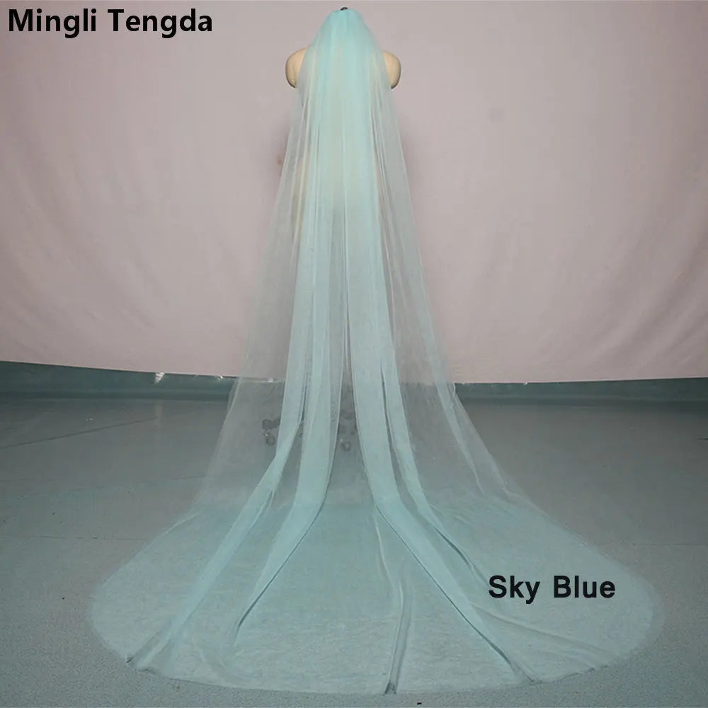 Mingli Tengda Voile de mariée bleu ciel à bordure longue double couche de 3 mètres, voile de mariée élégant, voile de cathédrale, rose poudré