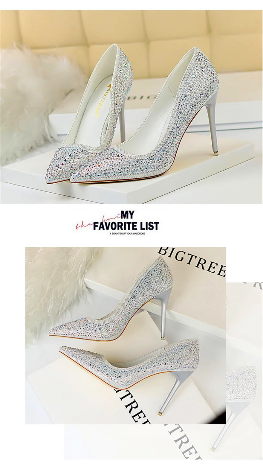 BIGTREE Chaussures Escarpins à talons hauts 7/10cm Strass Femme Noir Rose Mode Bout Pointu Cristal Mariage Chaussures de fête pour femme Automne