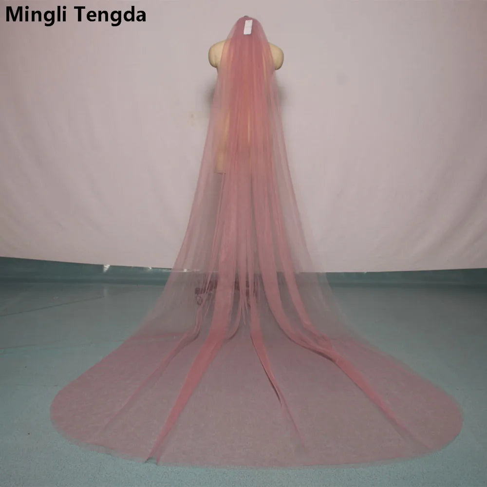 Mingli Tengda Voile de mariée bleu ciel à bordure longue double couche de 3 mètres, voile de mariée élégant, voile de cathédrale, rose poudré