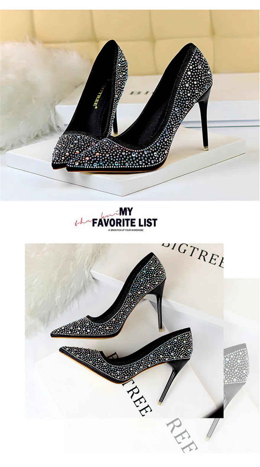 BIGTREE Chaussures Escarpins à talons hauts 7/10cm Strass Femme Noir Rose Mode Bout Pointu Cristal Mariage Chaussures de fête pour femme Automne