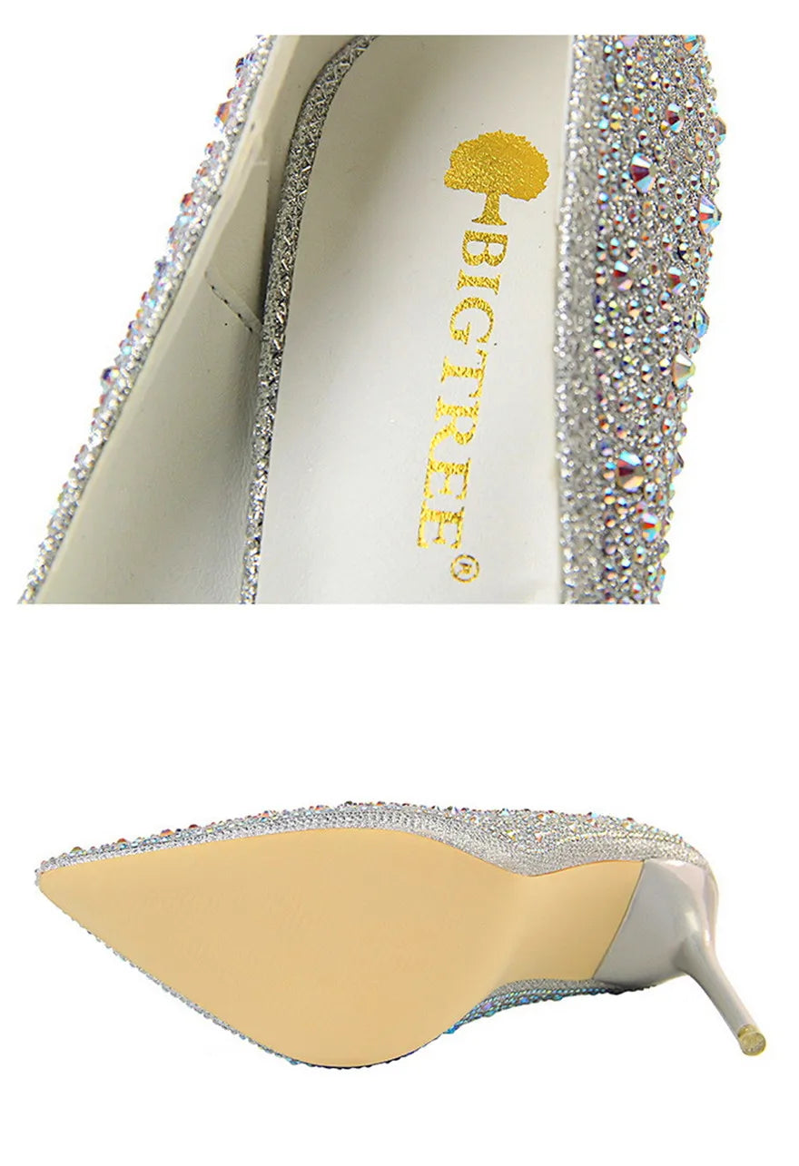 BIGTREE Chaussures Escarpins à talons hauts 7/10cm Strass Femme Noir Rose Mode Bout Pointu Cristal Mariage Chaussures de fête pour femme Automne
