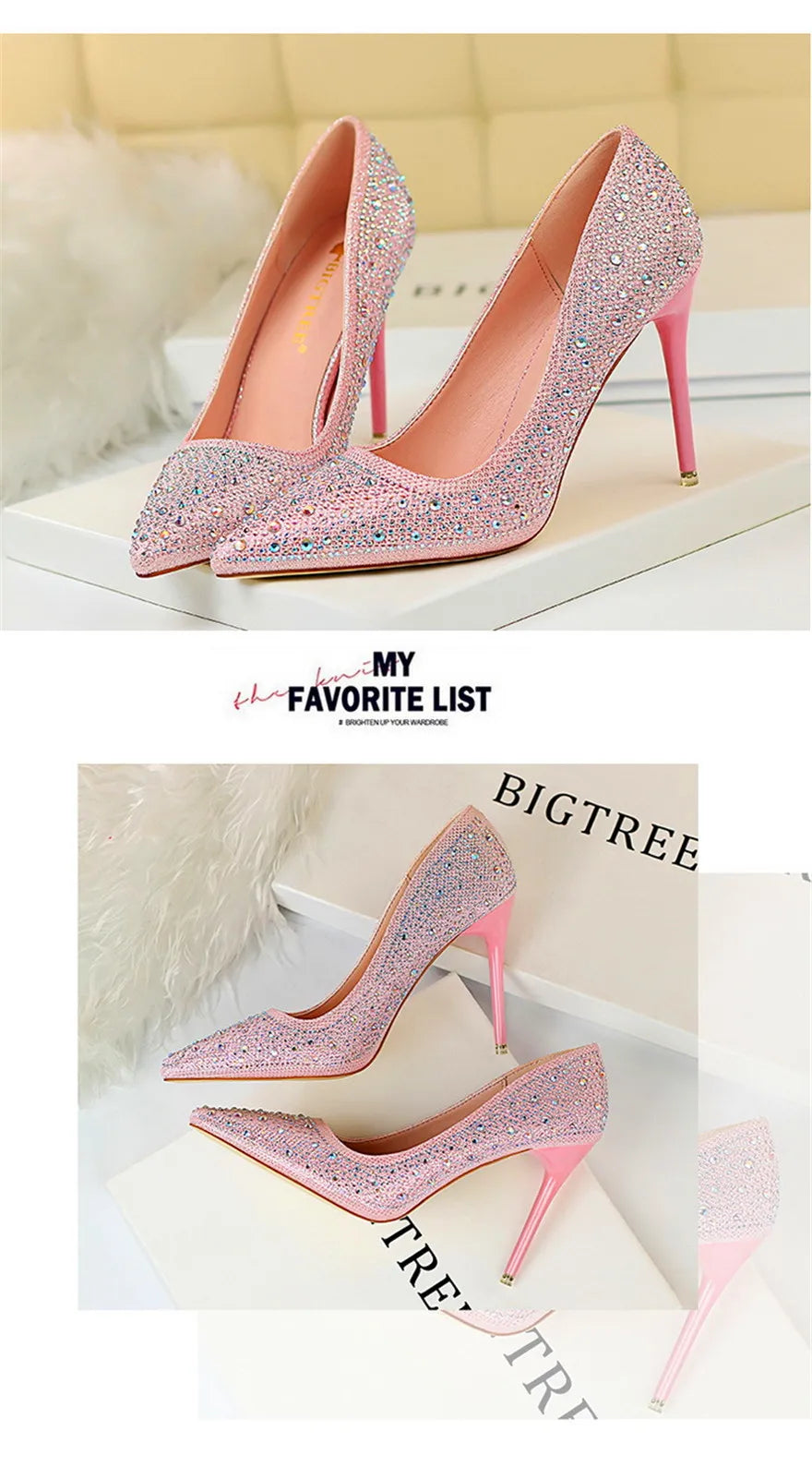 BIGTREE Chaussures Escarpins à talons hauts 7/10cm Strass Femme Noir Rose Mode Bout Pointu Cristal Mariage Chaussures de fête pour femme Automne