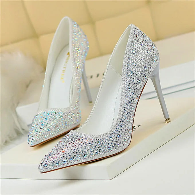 BIGTREE Chaussures Escarpins à talons hauts 7/10cm Strass Femme Noir Rose Mode Bout Pointu Cristal Mariage Chaussures de fête pour femme Automne