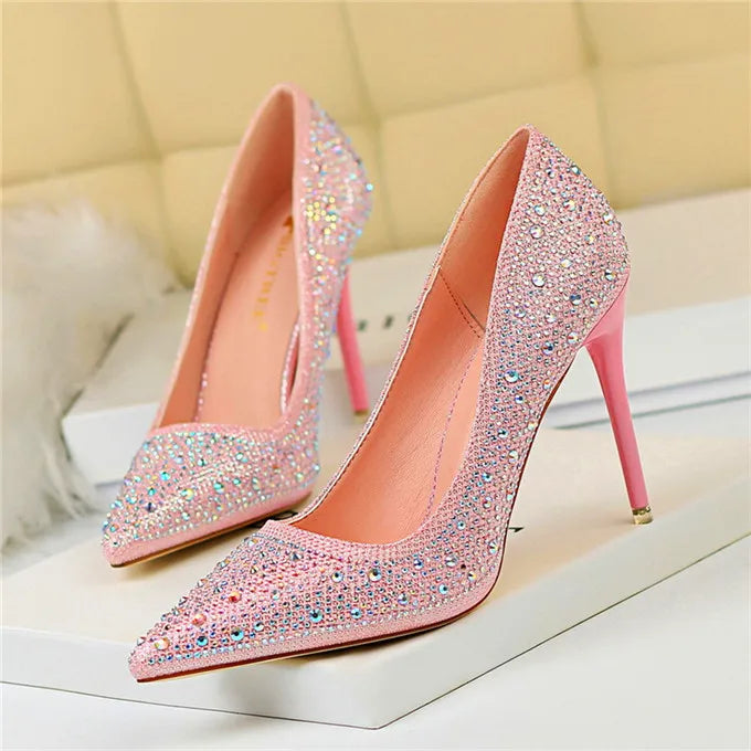 BIGTREE Chaussures Escarpins à talons hauts 7/10cm Strass Femme Noir Rose Mode Bout Pointu Cristal Mariage Chaussures de fête pour femme Automne