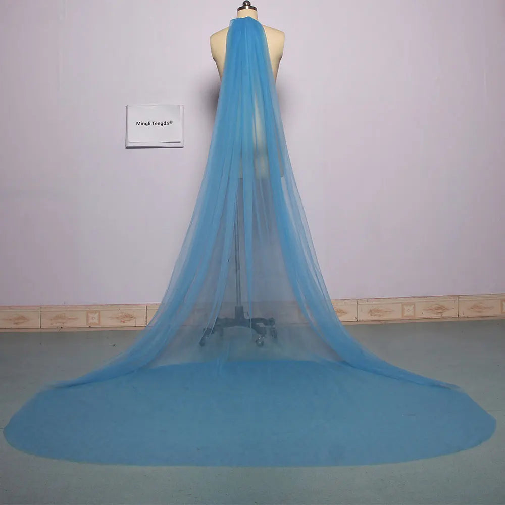 Mingli Tengda Voile de mariée bleu ciel à bordure longue double couche de 3 mètres, voile de mariée élégant, voile de cathédrale, rose poudré
