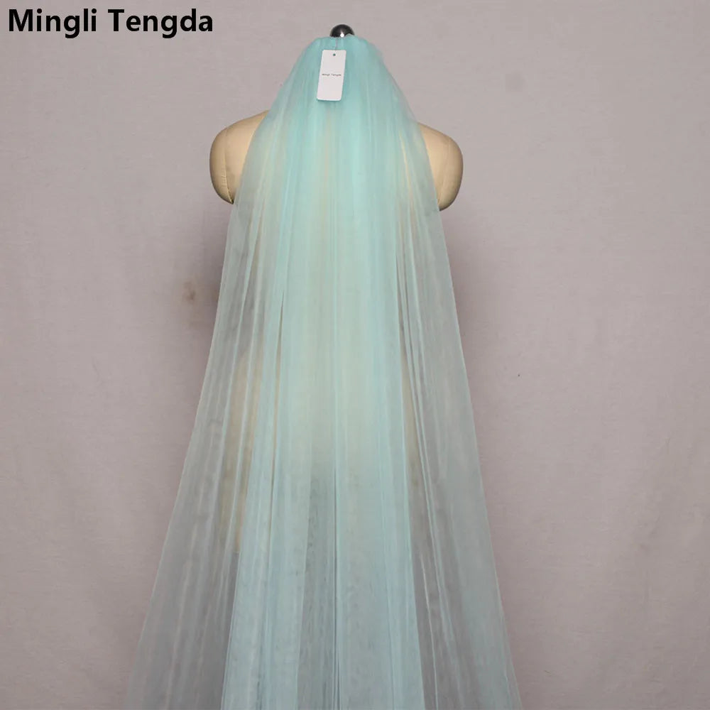 Mingli Tengda Voile de mariée bleu ciel à bordure longue double couche de 3 mètres, voile de mariée élégant, voile de cathédrale, rose poudré