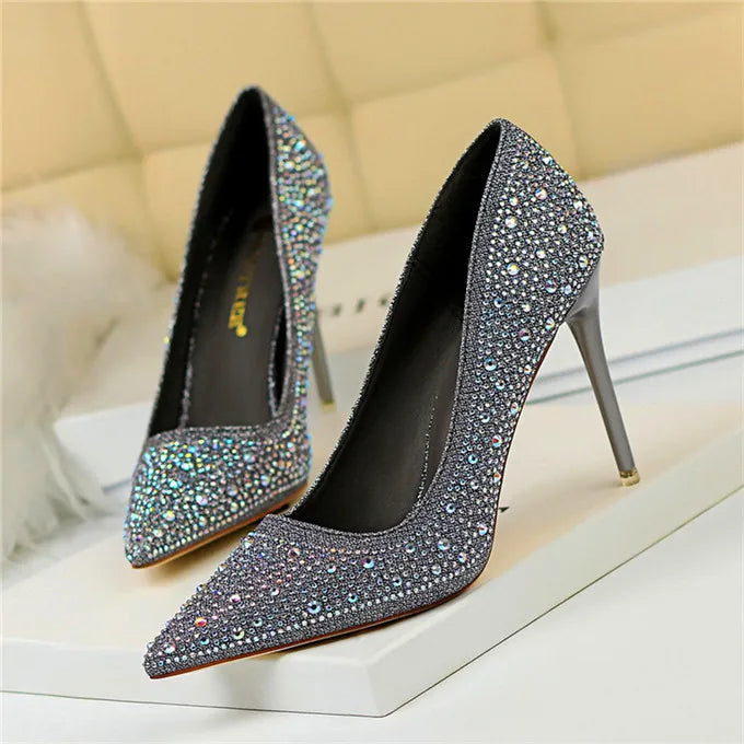 BIGTREE Chaussures Escarpins à talons hauts 7/10cm Strass Femme Noir Rose Mode Bout Pointu Cristal Mariage Chaussures de fête pour femme Automne