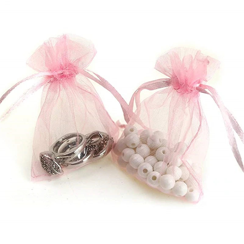 100 sacs à bijoux, sacs d'emballage en organza rose avec cordon de serrage 7x9 9x12 10x15 13x18 17x23cm, sacs cadeaux, sachets en organza pour décoration de mariage