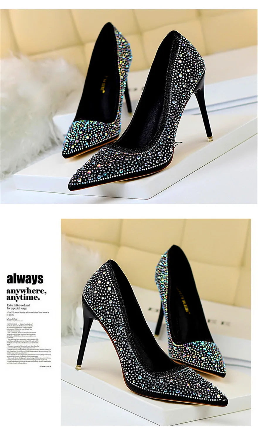 BIGTREE Chaussures Escarpins à talons hauts 7/10cm Strass Femme Noir Rose Mode Bout Pointu Cristal Mariage Chaussures de fête pour femme Automne