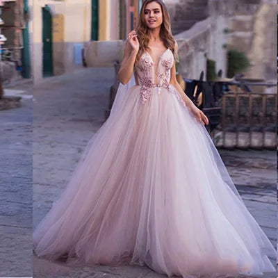 3D Floral Boho Beach Wedding Gown | V-Neck Backless Tulle Bridal Dress