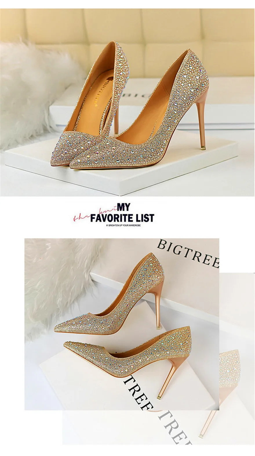 BIGTREE Chaussures Escarpins à talons hauts 7/10cm Strass Femme Noir Rose Mode Bout Pointu Cristal Mariage Chaussures de fête pour femme Automne