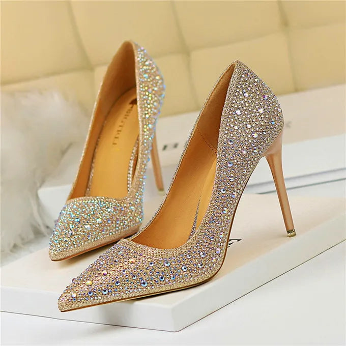 BIGTREE Chaussures Escarpins à talons hauts 7/10cm Strass Femme Noir Rose Mode Bout Pointu Cristal Mariage Chaussures de fête pour femme Automne