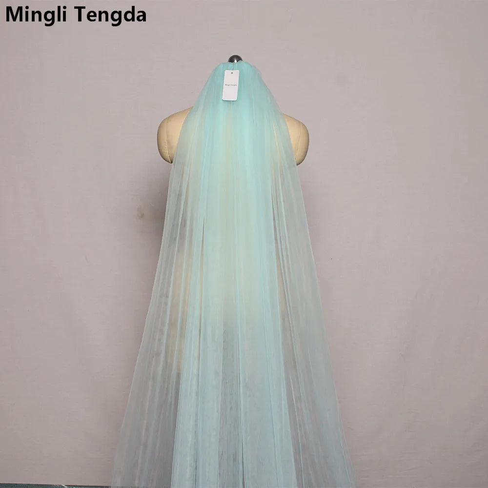 Mingli Tengda Voile de mariée bleu ciel à bordure longue double couche de 3 mètres, voile de mariée élégant, voile de cathédrale, rose poudré