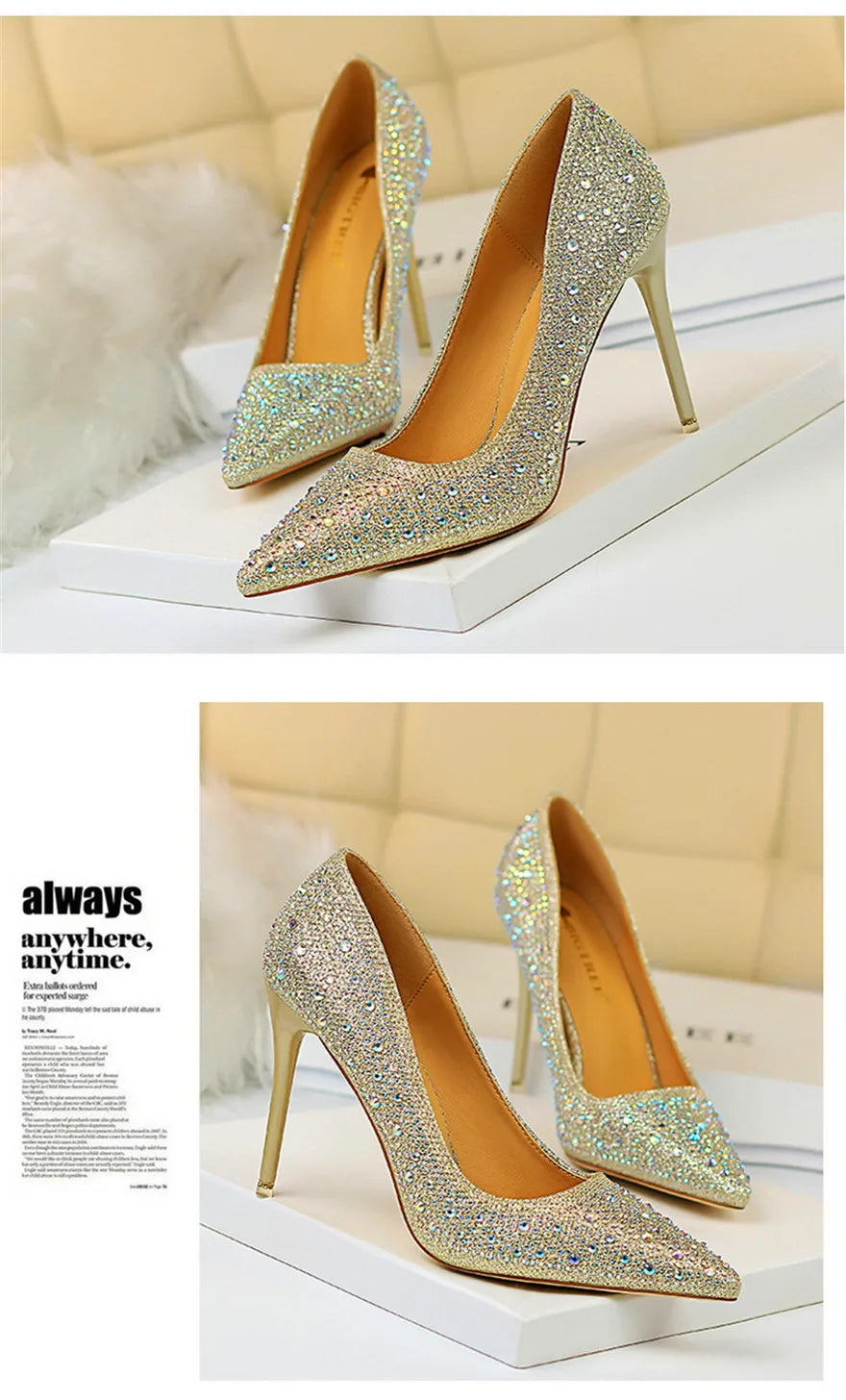 BIGTREE Chaussures Escarpins à talons hauts 7/10cm Strass Femme Noir Rose Mode Bout Pointu Cristal Mariage Chaussures de fête pour femme Automne