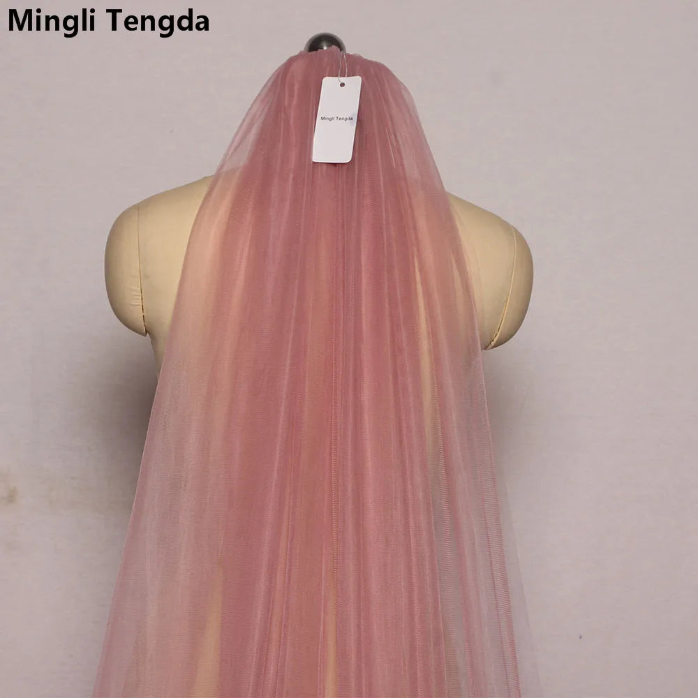 Mingli Tengda Voile de mariée bleu ciel à bordure longue double couche de 3 mètres, voile de mariée élégant, voile de cathédrale, rose poudré