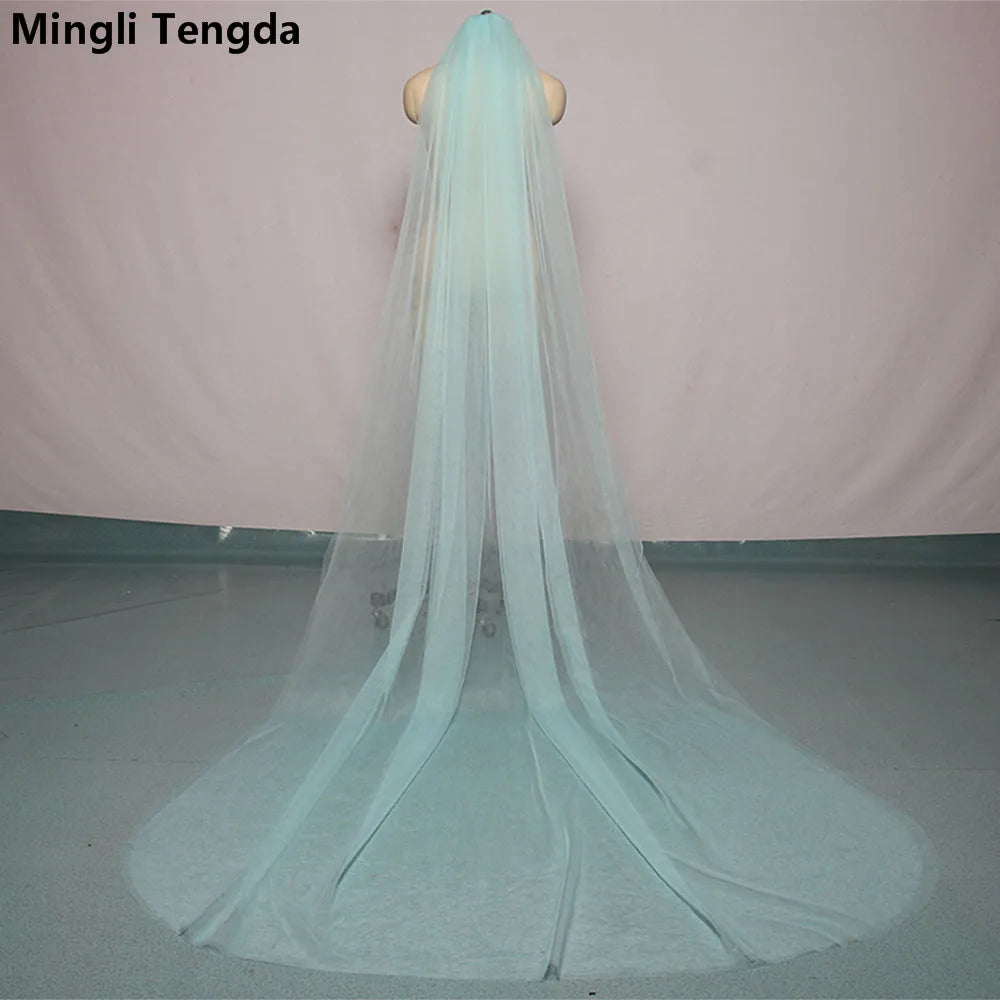 Mingli Tengda Voile de mariée bleu ciel à bordure longue double couche de 3 mètres, voile de mariée élégant, voile de cathédrale, rose poudré