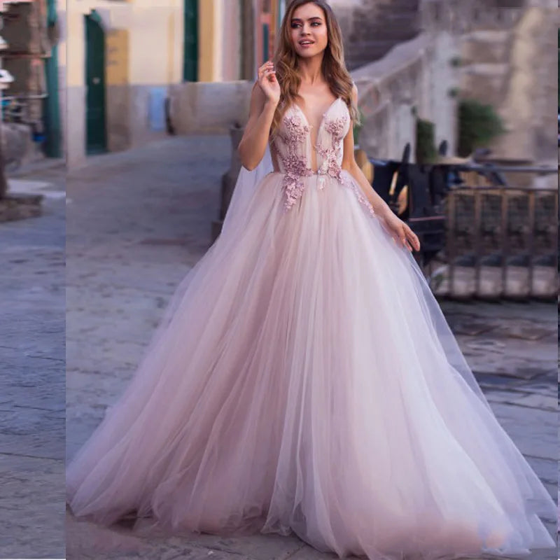 3D Floral Boho Beach Wedding Gown | V-Neck Backless Tulle Bridal Dress