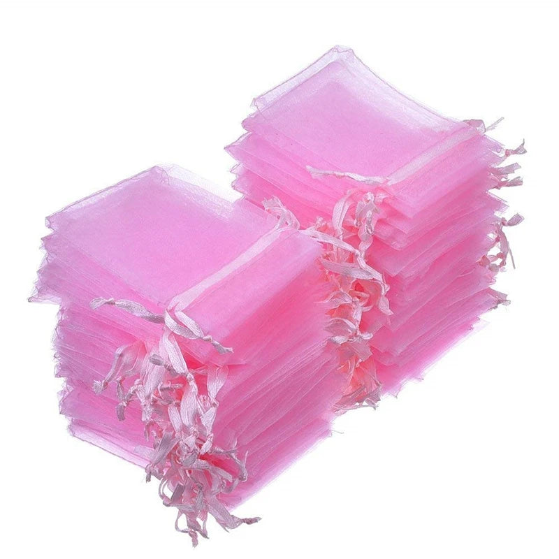 100 sacs à bijoux, sacs d'emballage en organza rose avec cordon de serrage 7x9 9x12 10x15 13x18 17x23cm, sacs cadeaux, sachets en organza pour décoration de mariage
