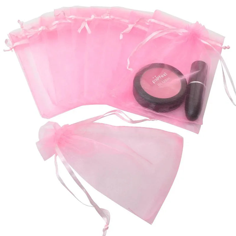 100 sacs à bijoux, sacs d'emballage en organza rose avec cordon de serrage 7x9 9x12 10x15 13x18 17x23cm, sacs cadeaux, sachets en organza pour décoration de mariage