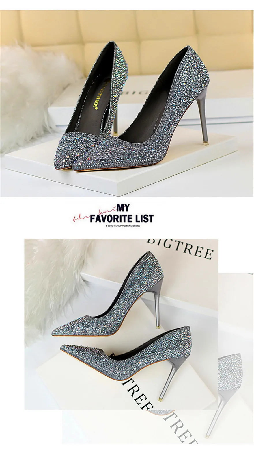 BIGTREE Chaussures Escarpins à talons hauts 7/10cm Strass Femme Noir Rose Mode Bout Pointu Cristal Mariage Chaussures de fête pour femme Automne