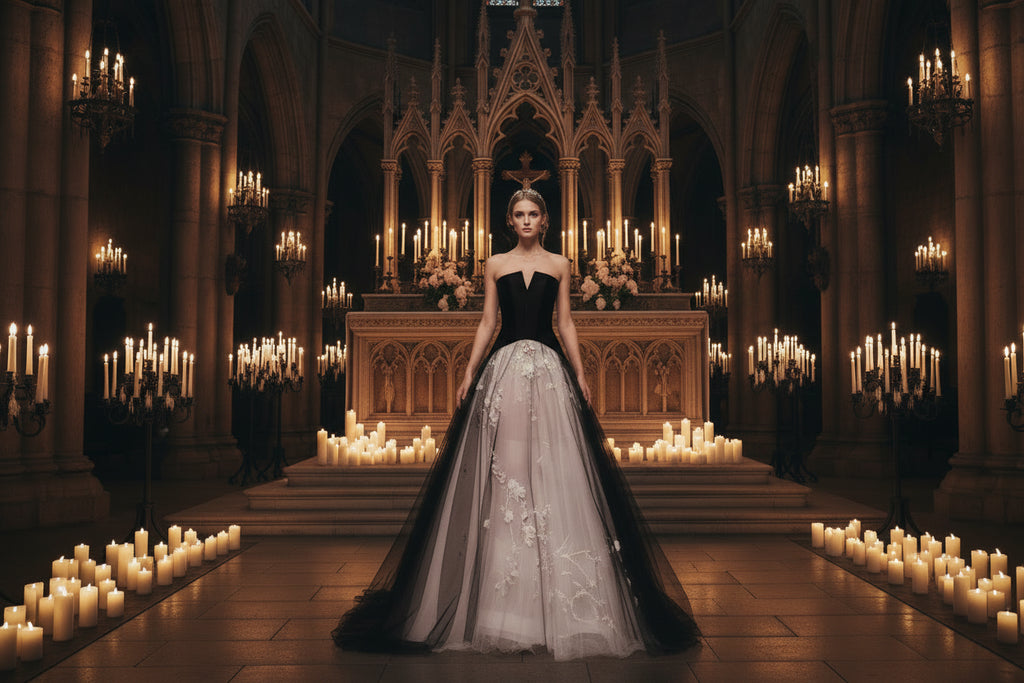 #613 Robe de Soirée de Bal Longue sans Bretelles avec Appliques Noire et Blanche, Coupe Princesse, Dos Nu
