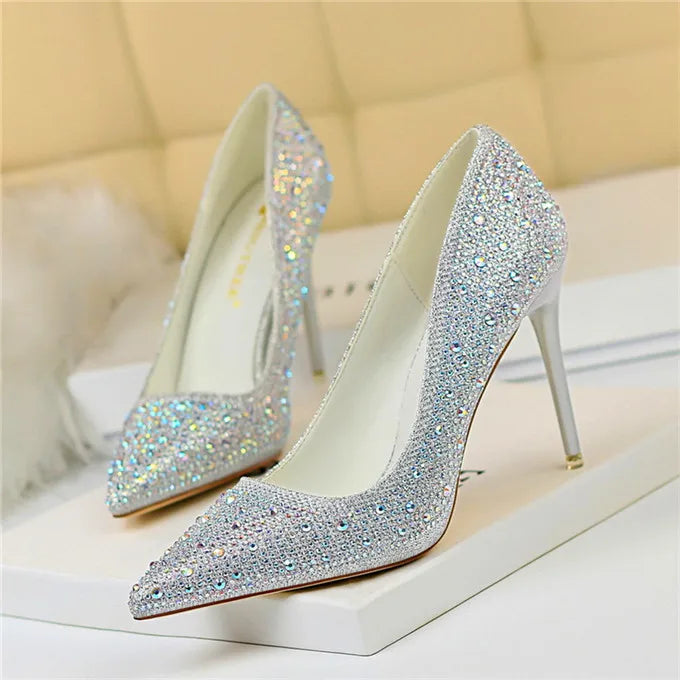 BIGTREE Chaussures Escarpins à talons hauts 7/10cm Strass Femme Noir Rose Mode Bout Pointu Cristal Mariage Chaussures de fête pour femme Automne