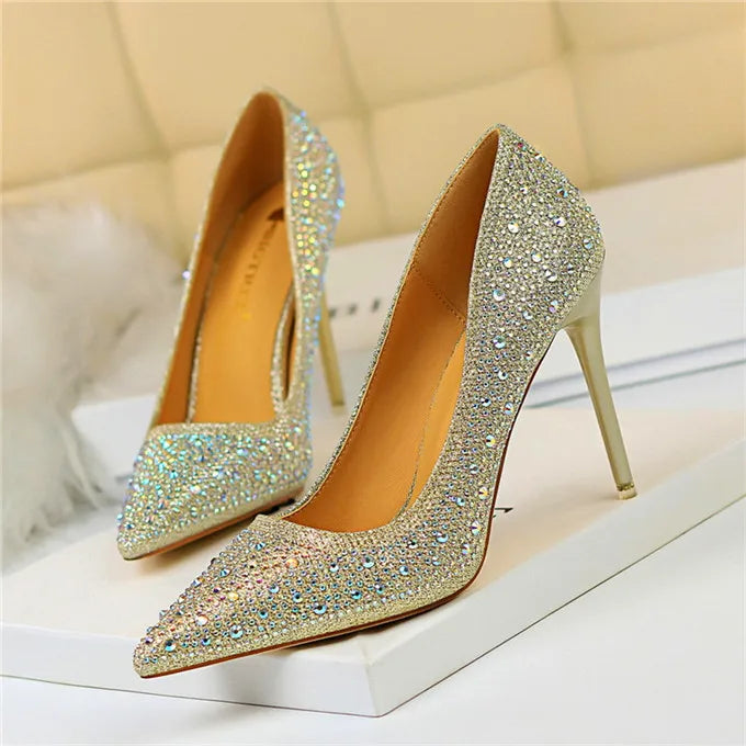 BIGTREE Chaussures Escarpins à talons hauts 7/10cm Strass Femme Noir Rose Mode Bout Pointu Cristal Mariage Chaussures de fête pour femme Automne