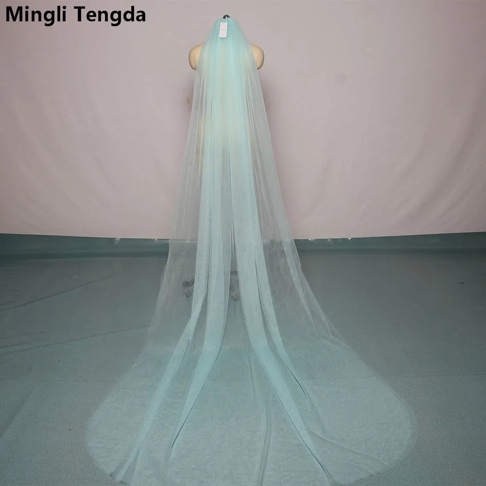 Mingli Tengda Voile de mariée bleu ciel à bordure longue double couche de 3 mètres, voile de mariée élégant, voile de cathédrale, rose poudré