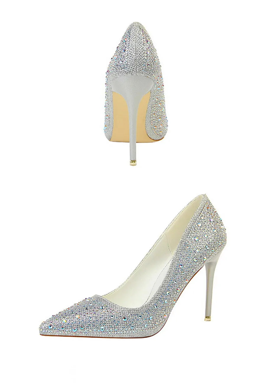 BIGTREE Chaussures Escarpins à talons hauts 7/10cm Strass Femme Noir Rose Mode Bout Pointu Cristal Mariage Chaussures de fête pour femme Automne