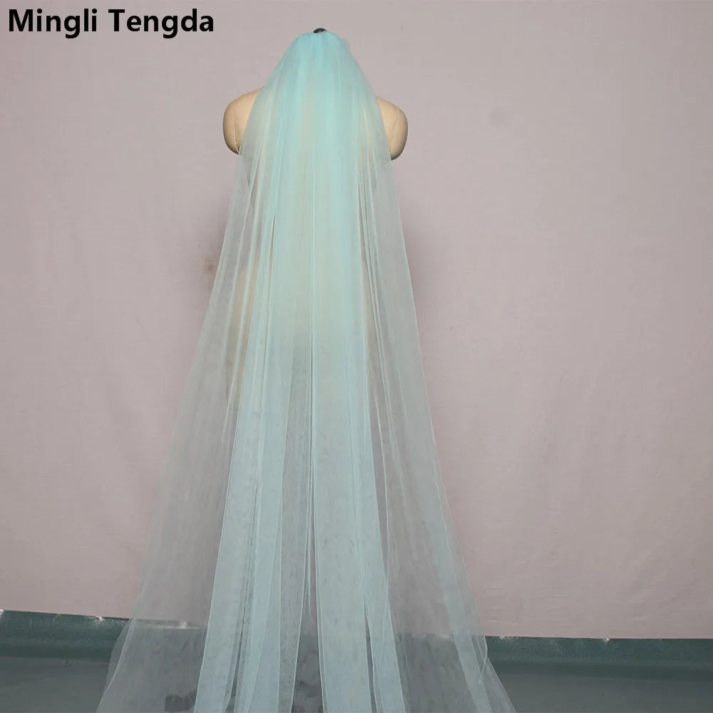 Mingli Tengda Voile de mariée bleu ciel à bordure longue double couche de 3 mètres, voile de mariée élégant, voile de cathédrale, rose poudré